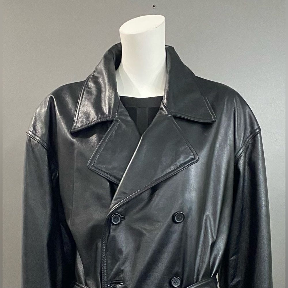 Wilson’s Blk Leather Double Breasted Belted Button Up Full Length Trench Coat M - Picture 4 of 14
